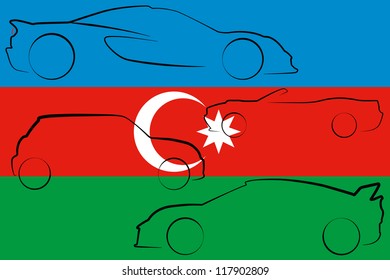 The flag of Azerbaijan with the outlines of many cars of different types