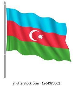 Flag of Azerbaijan with flag pole waving in wind. Vector illustration