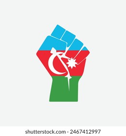 Flag of Azerbaijan in the shape of raised hand sign isolated on background. Fist symbol modern, simple, vector, icon for website design, mobile app, ui. Vector Illustration