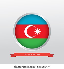 Flag of Azerbaijan in shiny circle with red ribbon on gradient gray background.