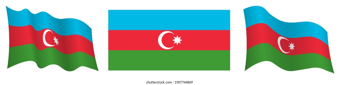 flag of Azerbaijan in static position and in motion, fluttering in wind in exact colors and sizes, on white background