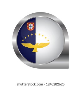 Flag of Azores, location map pin, pointer flag, button with the reflection of light and shadow, silver frame, Icon country. Realistic vector illustration on white background.