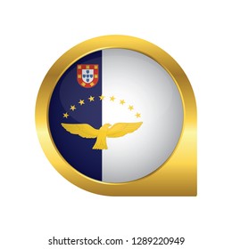Flag of Azores, location map pin, pointer flag, button with the reflection of light and shadow, gold frame, Icon country. Realistic vector illustration on white background.