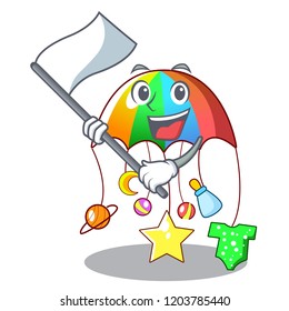 With flag baby playing with cartoon hanging toys