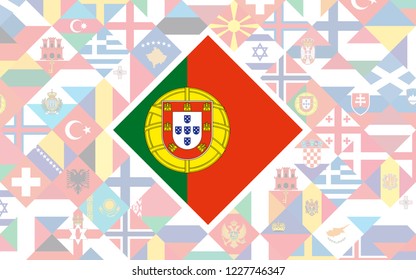 Flag background of European countries with big flag of Portugal in the centre for Football competition