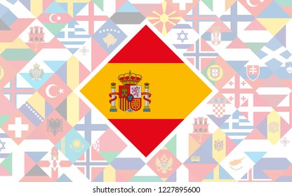 Flag background of European countries with big flag of Spain in the centre for Football competition