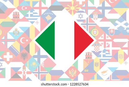 Flag background of European countries with big flag of Italy in the centre for Football competition