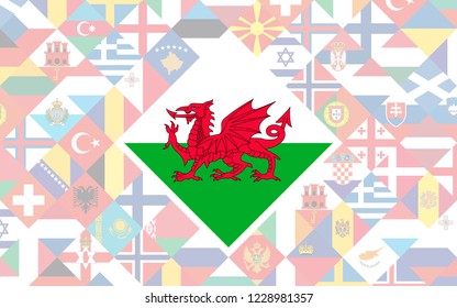 Flag background of European countries with big flag of Wales in the centre for Football competition