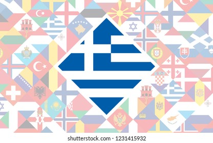 Flag background of European countries with big flag of Greece in the centre for Football competition