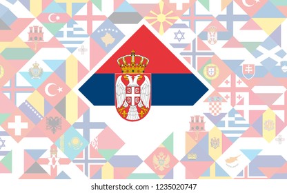 Flag background of European countries with big flag of Serbia in the centre for Football competition
