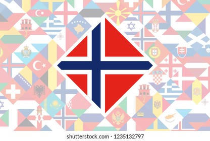 Flag background of European countries with big flag of Norway in the centre for Football competition