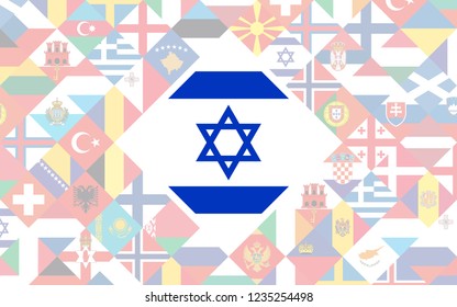 Flag background of European countries with big flag of Israel in the centre for Football competition