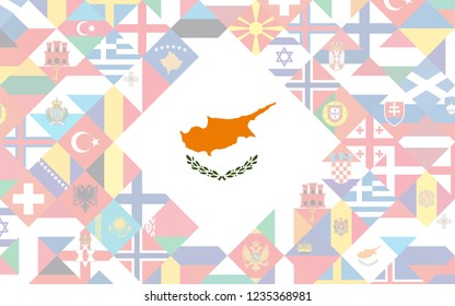 Flag background of European countries with big flag of Cyprus in the centre for Football competition