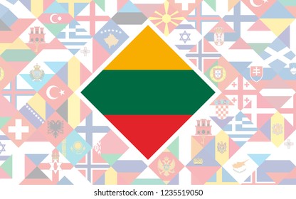 Flag background of European countries with big flag of Lithuania in the centre for Football competition