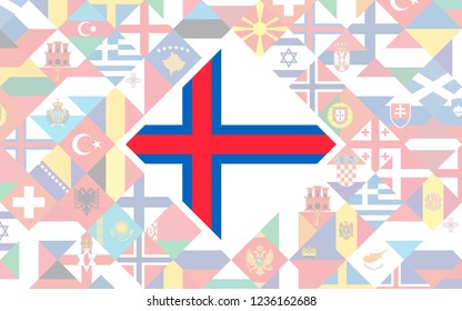 Flag background of European countries with big flag of Faroe Islands in the centre for Football competition
