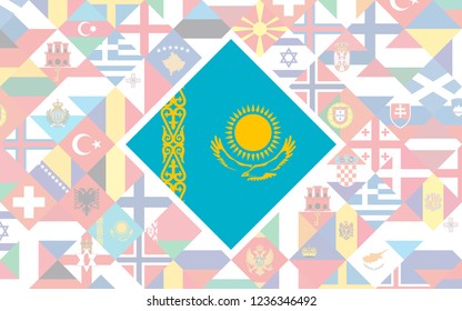 Flag background of European countries with big flag of Kazakhstan in the centre for Football competition