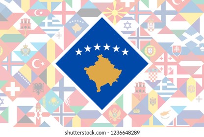 Flag background of European countries with big flag of Kosovo in the centre for Football competition