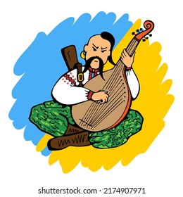Flaggenhintergrund und ukrainischer Krieger und Soldat Kozak spielen das Musikinstrument Bandura in Militärkleidung und nationales Hemd