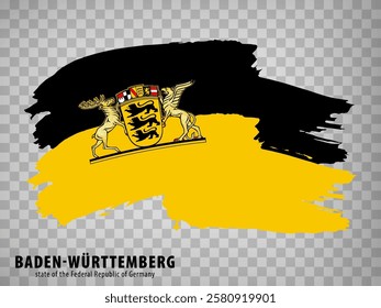 Flag Baden-Wurttemberg of Germany, brush stroke background.  Waving Flag Baden-Wurttemberg with Coat of arms and with title on tranparent backrgound  for your web site design, logo, app, UI.  EPS10.