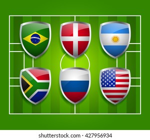 Flag Badges On Soccer Field Background : Vector Illustration