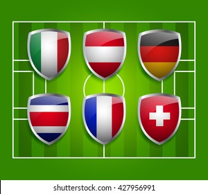Flag Badges On Soccer Field Background : Vector Illustration