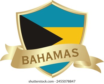 Flag of bahamas as around the metal gold shield with bahamas flag
