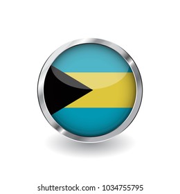 Flag of bahamas, button with metal frame and shadow. bahamas flag vector icon, badge with glossy effect and metallic border. Realistic vector illustration on white background.
