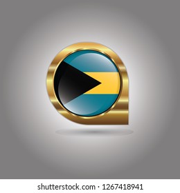 Flag of Bahamas, button with the reflection of light and shadow, gold frame, Icon country. Realistic vector illustration on gray background.