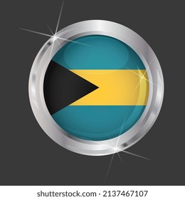 Flag of Bahamas in circle. 3D effect. Glossy and shiny button with metal frame and sparkles. Light reflection. Round Graphic design element. Isolated on gray background. Vector image EPS 10. 