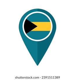 Bandera de las Bahamas en el mapa icono de punto de referencia color azul aislado