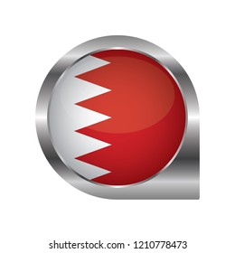 Flag of Bahrain, location map pin, pointer flag, button with the reflection of light and shadow, silver frame, Icon country. Realistic vector illustration on white background.