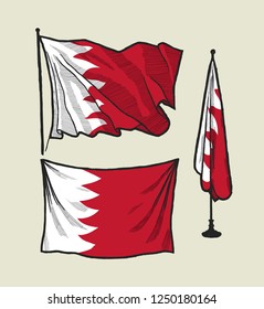 Flag of Bahrain on the wind and on the wall vector illustration set