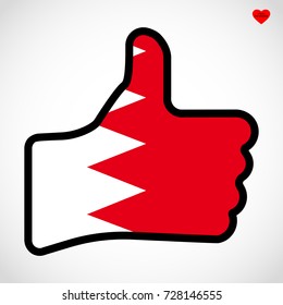 Flag of Bahrain in the shape of Hand with thumb up, gesture of approval, vector finger sign, flat design illustration.