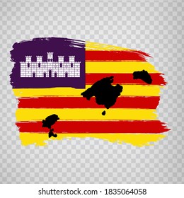 Flag of Balearic Islands from brush strokes. Blank map of Balearic Islands. Kingdom of Spain. High quality map and flag for your web site design, app  on transparent background.  EPS10. 