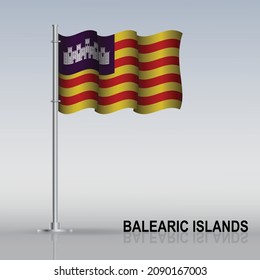 Flag of Balearic Islands of Spain flying on a flagpole stands on the table. Vector illustration