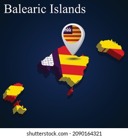 Flag of Balearic Islands of Spain on map on dark background. Vector illustration