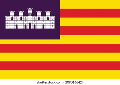 Flag of Balearic Islands are a Spanish archipelago in the Balearic Sea, near the eastern coast of the Iberian Peninsula. Vector illustration