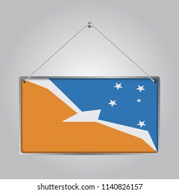 Flag of Bandera de la Provincia de Tierra del Fuego. The symbol of the state in the pennant hanging on the rope, rectangle hanging. Vector Illustration EPS10.