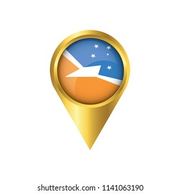 Flag of Bandera de la Provincia de Tierra del Fuego.symbol check in , golden map pointer with the national flag of  in the button. vector illustration.