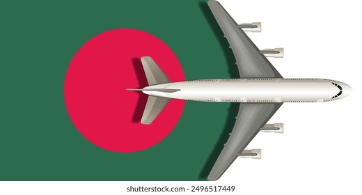 Flag of Bangladesh with airplane flying over it close up. Vector image.