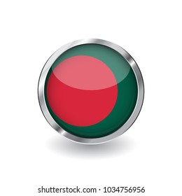 Flag of bangladesh, button with metal frame and shadow. bangladesh flag vector icon, badge with glossy effect and metallic border. Realistic vector illustration on white background.