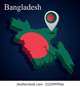 Flagge von Bangladesch auf 3D-Karte auf dunklem Hintergrund. Vektorgrafik