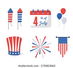 Flag banner calendar balloons hat and firework design, Independence day happy 4th july and usa theme Vector illustration