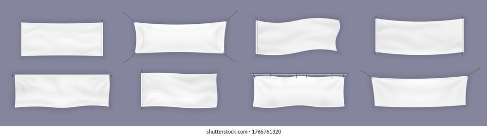 Flag banner and fabric canvas poster for advertising. Set of realistic street advertising textile horizontal fabric banners. Template ready for your text and design. Vector illustration, eps 10.