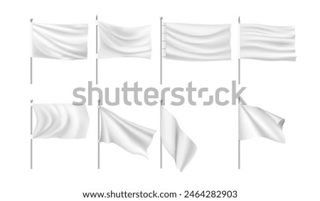 Flag or banner mockup with copy space. Vector isolated realistic fabric or textile canvas on metal pole. Blank advertising board or sign, poster or promotion, announcement or billboard stand