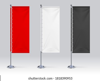 Flag Banner Mockup. Realistic Blank Hanging Advertising Cloth, White Red And Black Fabric Outdoor Exhibition Stand. Collection 3D Banners For Branding, Logos And Symbol Vector Design Template Set