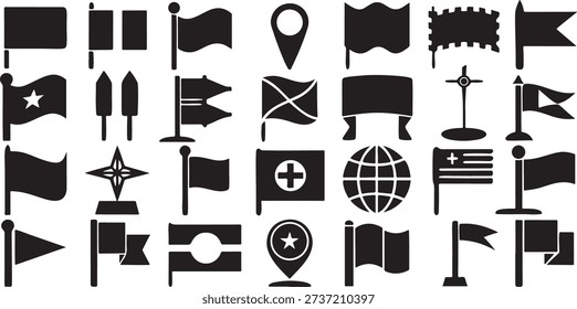 Flag banner pole vector icons, waving country, signal, location pin, map, patriot, nation, identity, territory, emblem, victory, celebration, rally, sports milestone, navigation, event, race, team