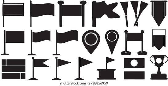 Flag banner pole vector icons, waving country, signal, location pin, map, patriot, nation, identity, territory, emblem, victory, celebration, rally, sports milestone, navigation, event, race, team