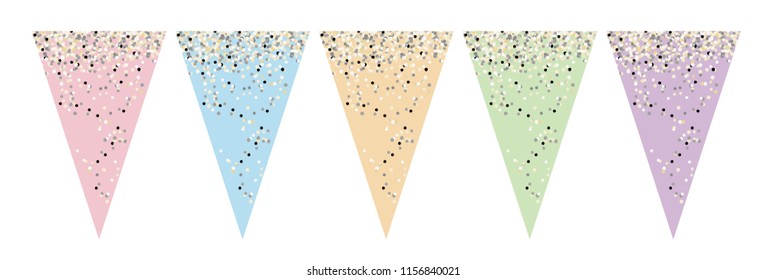 Flag Banner Set. Vector Graphic. Party Decoration. Do It Yourself. Various Colors. Cute Design.Tiny Bright Confetti on a Pink,Blue,Green, Violet and Yellow Backgrounds. Party Garland Elements.