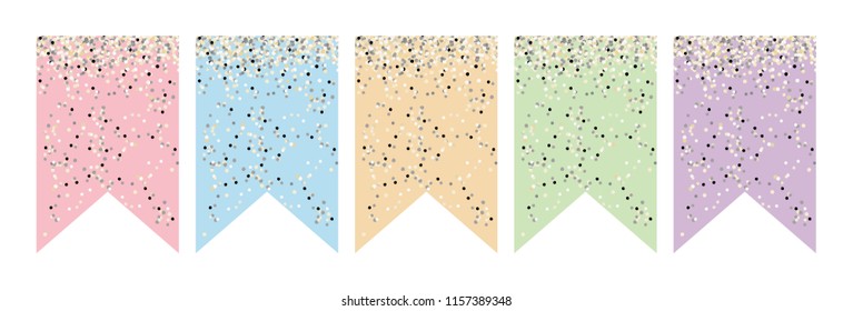 Flag Banner Set. Vector Graphic. Party Decoration. Do It Yourself. Various Colors. Cute Design.Tiny Bright Confetti on a Pink,Blue,Green, Violet and Yellow Backgrounds. Party Garland Elements.